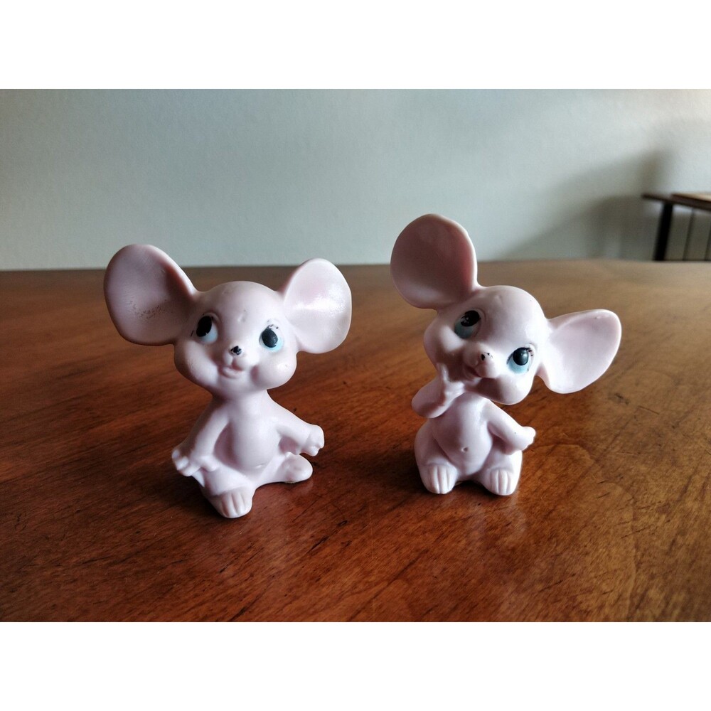 Vtg Lot of 2 Kelvin's Japan Pink Porcelain Mouse Figurines Kitsch Big Ears 3"
